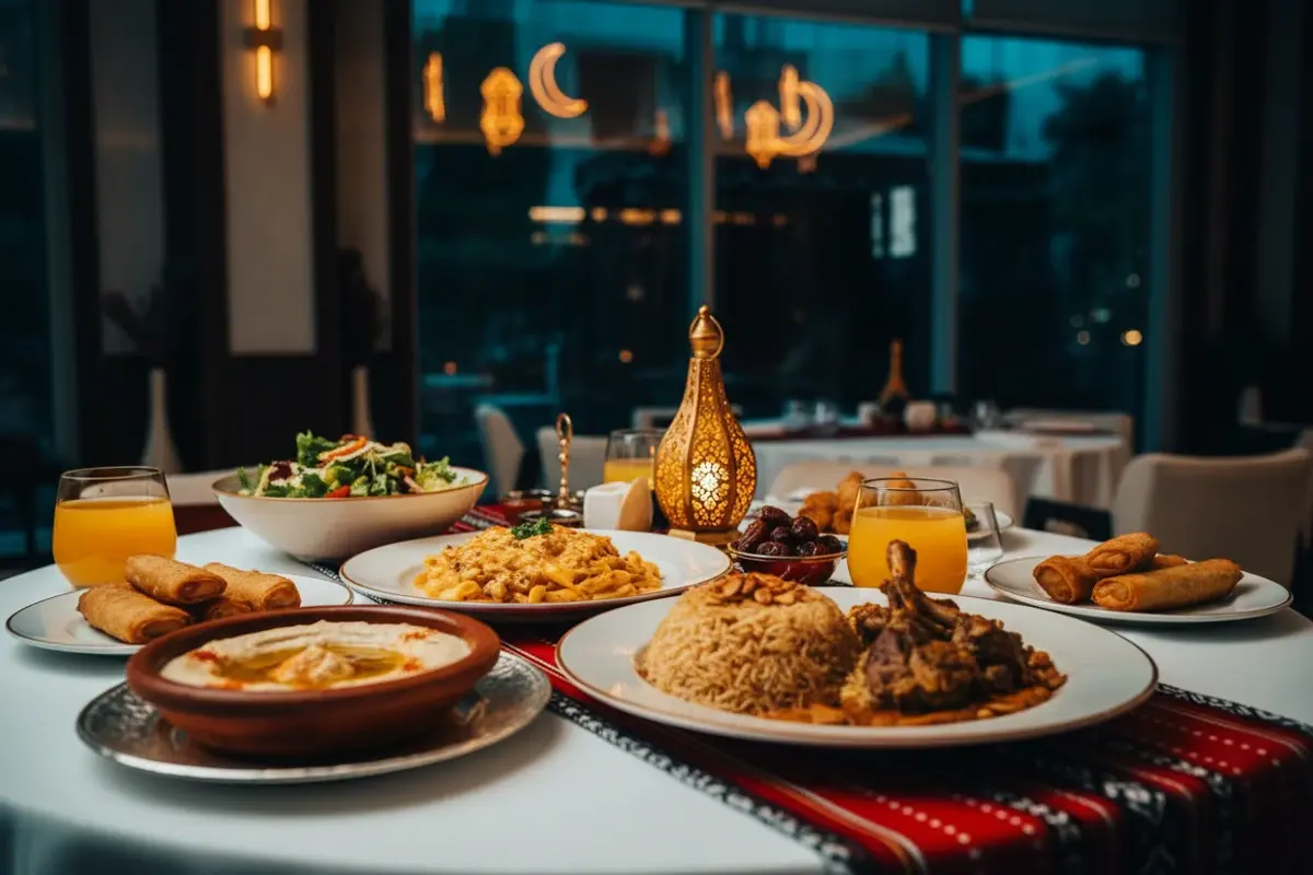 Ramadan Iftar buffet spread with traditional Middle Eastern dishes, dates, juice, and lantern decor at AY Restaurant, Mileo The Palm Hotel Dubai.